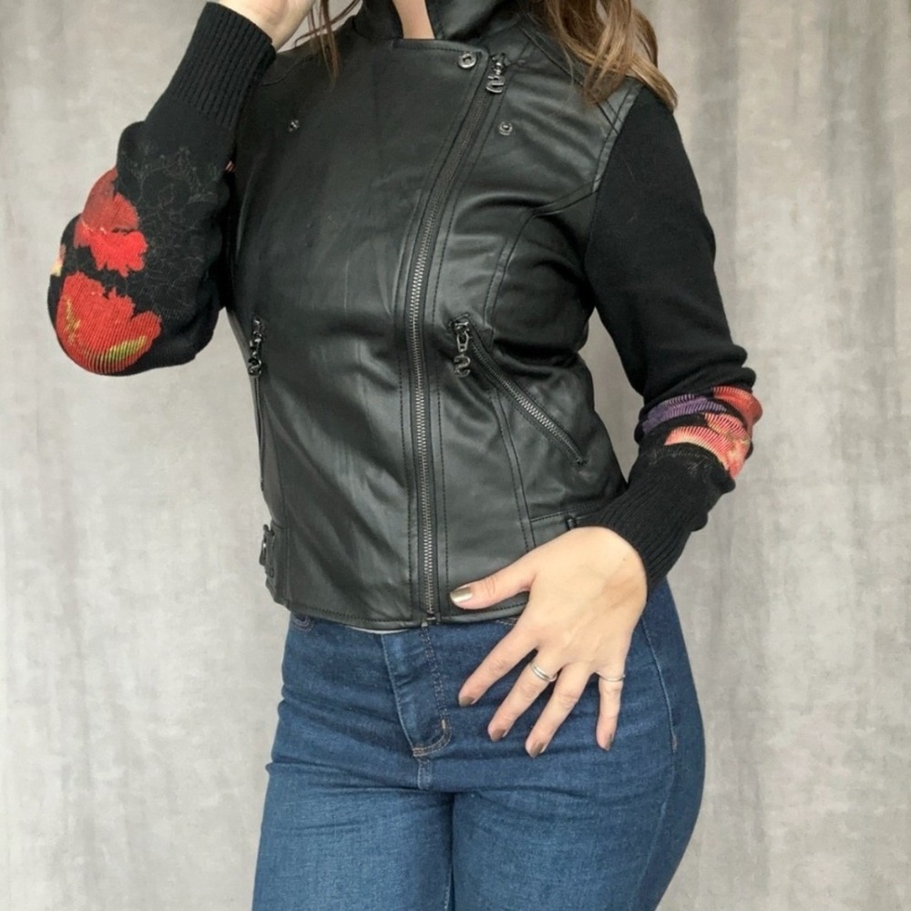 Desigual Moto Jacket 42 Black Floral Knit Sleeve Mixed Media Biker - Picture 16 of 16